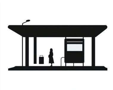 A silhouette of a female traveler standing at a bus stop with a suitcase, evoking a sense of anticipation. clipart