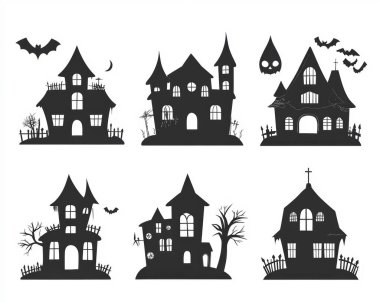 A spooky collection of six whimsical haunted houses and bats in silhouette, perfect for Halloween decor. clipart