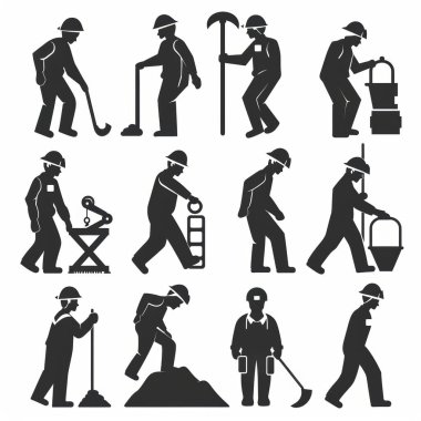 Silhouettes of diverse construction workers engaged in various tasks, showcasing teamwork and labor in the construction industry. clipart