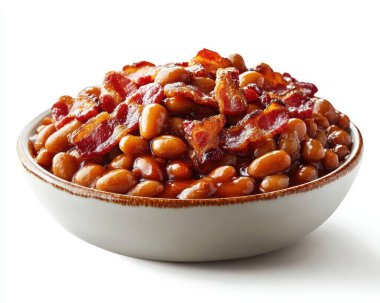 Savory bowl of baked beans topped with crispy bacon, perfect for any feast. clipart