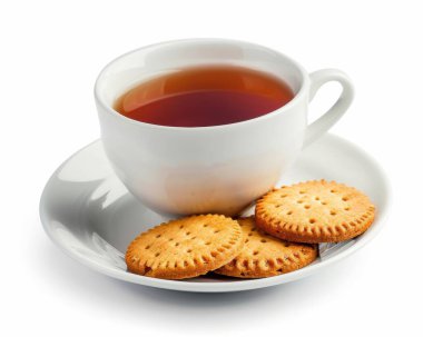 A cozy moment with a white cup of tea accompanied by golden cookies on a saucer. clipart