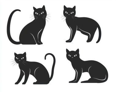 Four elegant black cats in various poses, showcasing their sleek silhouettes and expressive features. clipart