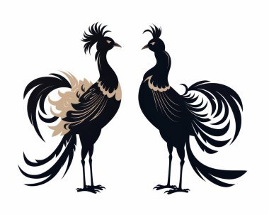 Two beautifully stylized black and gold birds face each other, showcasing intricate feather designs and elegant postures. clipart