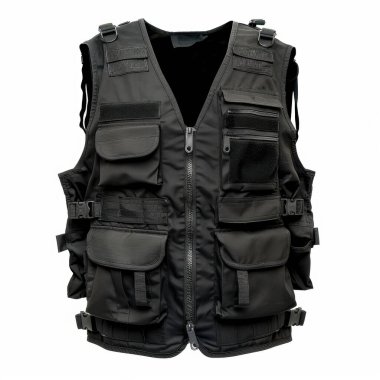 A rugged black tactical vest featuring multiple pockets and adjustable straps, ideal for outdoor activities. clipart