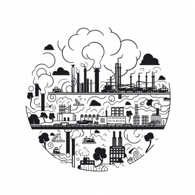 A detailed illustration depicting industrial pollution, with factories emitting smoke and a polluted landscape. clipart