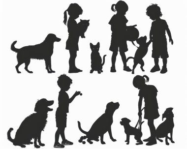 Silhouettes of children interacting with various pets, showcasing joy and companionship. clipart