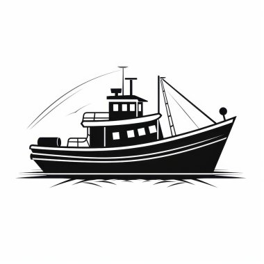 Stylized black and white illustration of a fishing boat, showcasing its refined design and sturdy structure. clipart