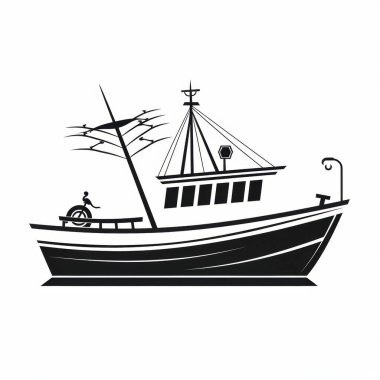 Stylized black silhouette of a fishing boat with sails, set against a minimalist white background. clipart