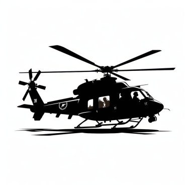 Silhouette of a helicopter with two people inside, showcasing the vehicle's detailed rotor blades. clipart