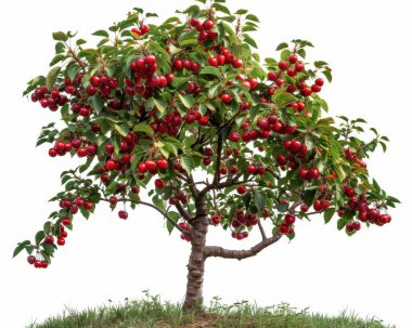 Olgun, kırmızı kirazlarla dolu canlı bir kiraz ağacı beyaz arka planda çarpıcı bir görüntü oluşturur..