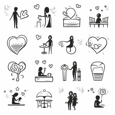 A diverse collection of hand-drawn icons representing love and relationships. clipart