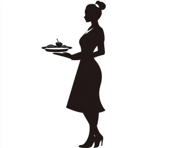 Silhouette of a female waiter gracefully presenting a plate of food. clipart