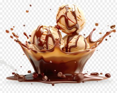 Delicious vanilla ice cream scoops drenched in rich chocolate sauce, creating a mouthwatering treat. clipart