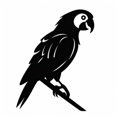 Stylized black silhouette of a parrot perched gracefully, showcasing its detailed feathers. clipart