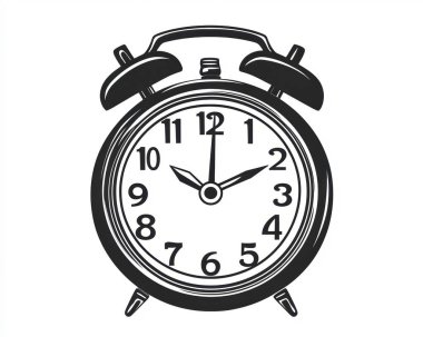 Classic black and white alarm clock showing 12:00, symbolizing time management and urgency.