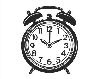 Classic black and white alarm clock showing 12:00, symbolizing time management and urgency. clipart