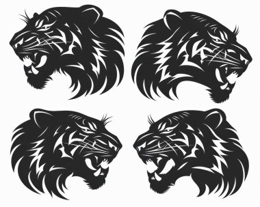 Four fierce tiger heads with bold, artistic lines and dramatic expressions, showcasing their power and grace. clipart