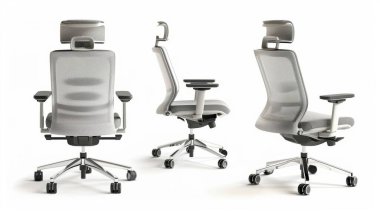 Three ergonomic office chairs display their modern design and functionality from various angles. clipart