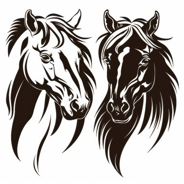 Illustration of two horse heads, one light and one dark, showcasing intricate details and flowing manes. clipart