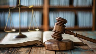 A wooden gavel rests on a table beside a scale of justice and an open law book, symbolizing legal proceedings. clipart