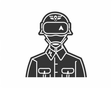 Line art representation of a soldier in uniform, embodying a vintage military aesthetic with a helmet and distinctive insignia.