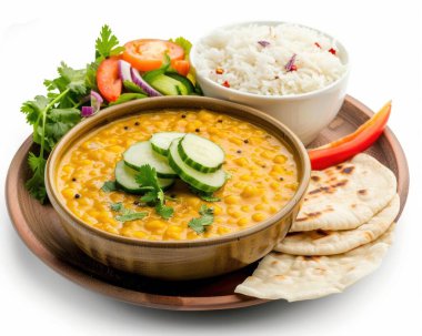 A vibrant vegetarian platter featuring lentil curry, basmati rice, fresh salad, and naan bread. clipart