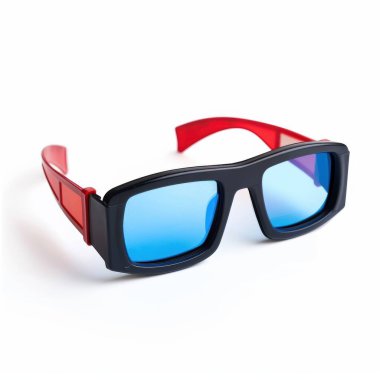 A stylish pair of 3D glasses with blue lenses and red plastic arms, perfect for immersive movie experiences. clipart