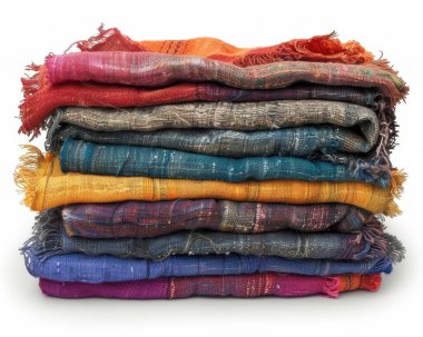 A vibrant stack of colorful, textured fabrics showcasing a variety of hues and patterns. clipart