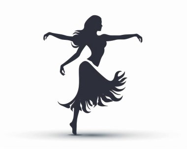 Silhouetted female dancer gracefully moving in a flowing skirt, exuding elegance and fluidity. clipart