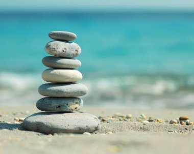 A serene stack of smooth stones on a sandy beach, gently kissed by turquoise waters.