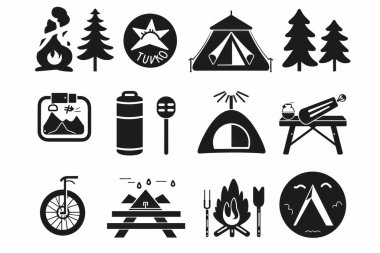 Graphic icons representing camping activities, including tents, campfires, and outdoor gear. clipart