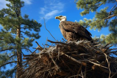 A majestic bald eagle perched on its nest atop a tall tree, surrounded by lush green pine branches. clipart