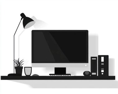 A minimalist home office setup featuring a computer, lamp, plants, and organized files. clipart