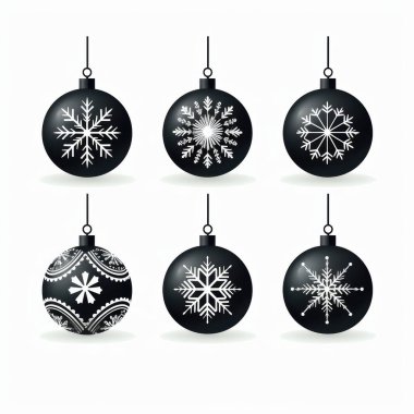 Elegant black and white Christmas ornaments featuring unique snowflake designs, perfect for festive decor. clipart