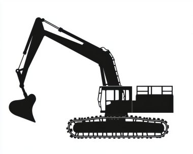 Silhouette of an excavator against a white background, showcasing its robust design and mechanical features. clipart