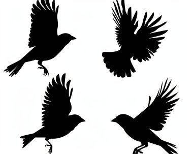 Silhouetted birds in various flying poses, showcasing their elegant wings and dynamic movements. clipart