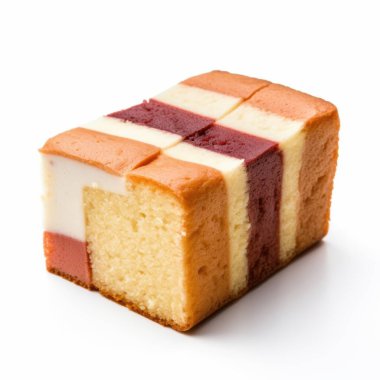 A beautifully arranged slice of colorful layered cake showcasing stripes of chocolate, vanilla, and strawberry flavors. clipart