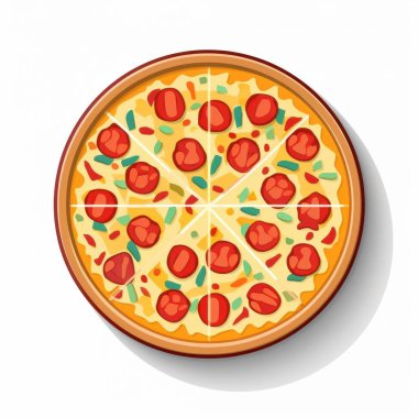 A vibrant, cartoon-style pizza topped with pepperoni and green peppers, sliced into equal pieces. clipart