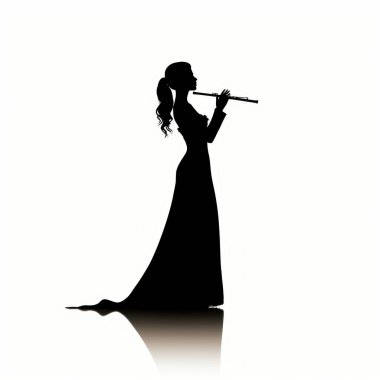 Silhouette of a young woman playing a flute, gracefully dressed in a long gown against a light backdrop. clipart