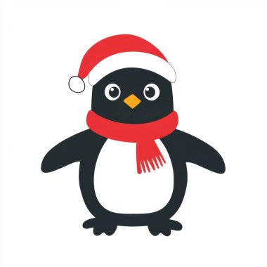 A cheerful cartoon penguin wearing a Santa hat and a red scarf, perfect for the holiday spirit. clipart