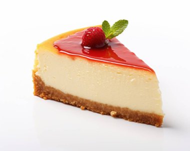 Delicious slice of cheesecake topped with red berry sauce and fresh strawberry. clipart