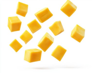 Floating cubes of vibrant yellow cheese against a clean white background. clipart