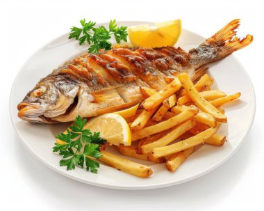 Plated grilled fish with golden fries and lemon slices, garnished with parsley. clipart