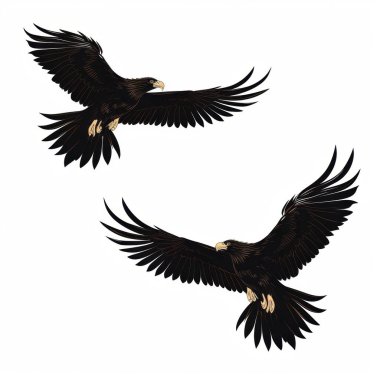 Two majestic black hawks soar gracefully across a white background. clipart