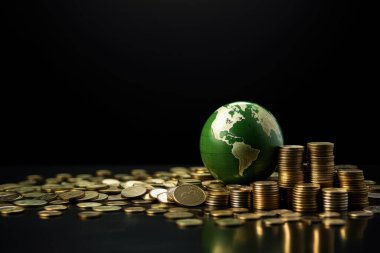 A green globe atop stacks of golden coins, symbolizing global finance and wealth. clipart