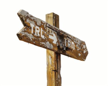 Weathered wooden signpost indicating a walking trail, showcasing rustic charm. clipart