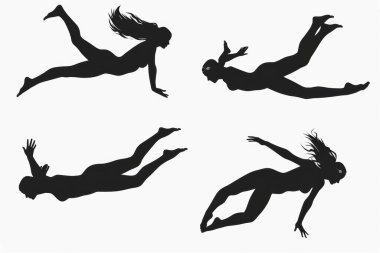 Silhouette of a female swimmer in various dynamic poses, showcasing grace and agility in the water. clipart