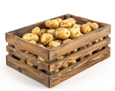 A rustic wooden crate filled with fresh potatoes, showcasing their earthy texture and natural color. clipart