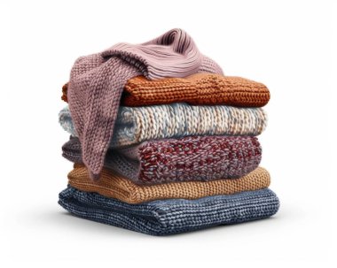 A cozy stack of assorted knitted sweaters in warm, inviting colors, perfect for fall and winter wear. clipart