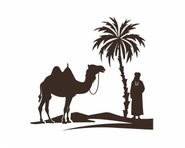 A silhouette of an Arab man facing a camel under a palm tree, evoking desert tranquility. clipart